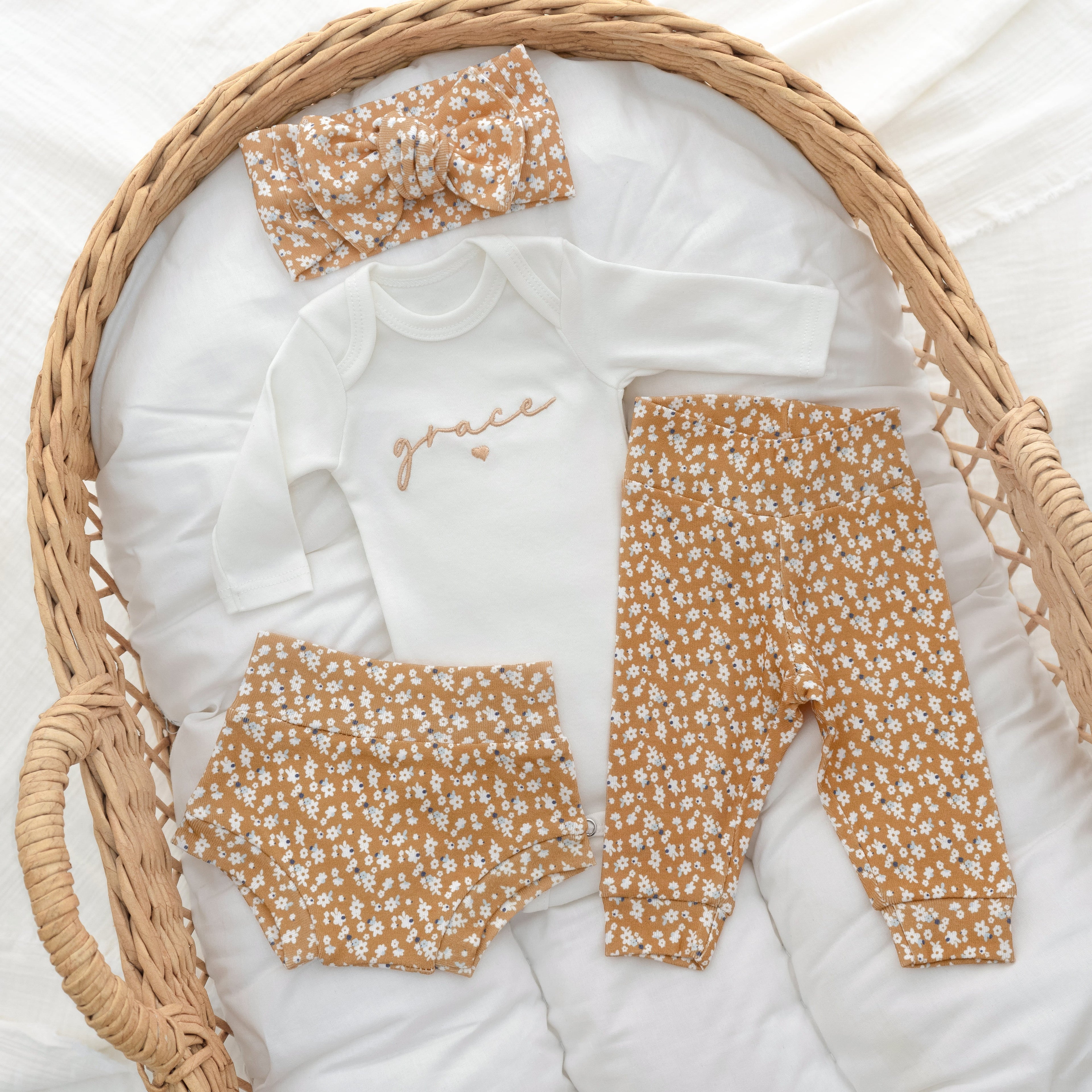 Newborn Baby Girl Coming Home Outfit Floral Embroidered Organic Cotton Set