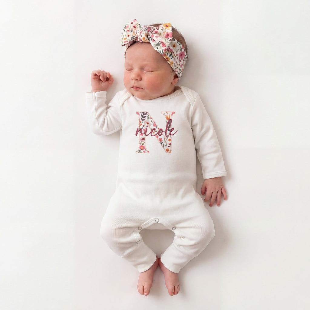Newborn Baby Girl Coming Home Outfit Embroidered, Personalized Newborn Baby Girl Outfit